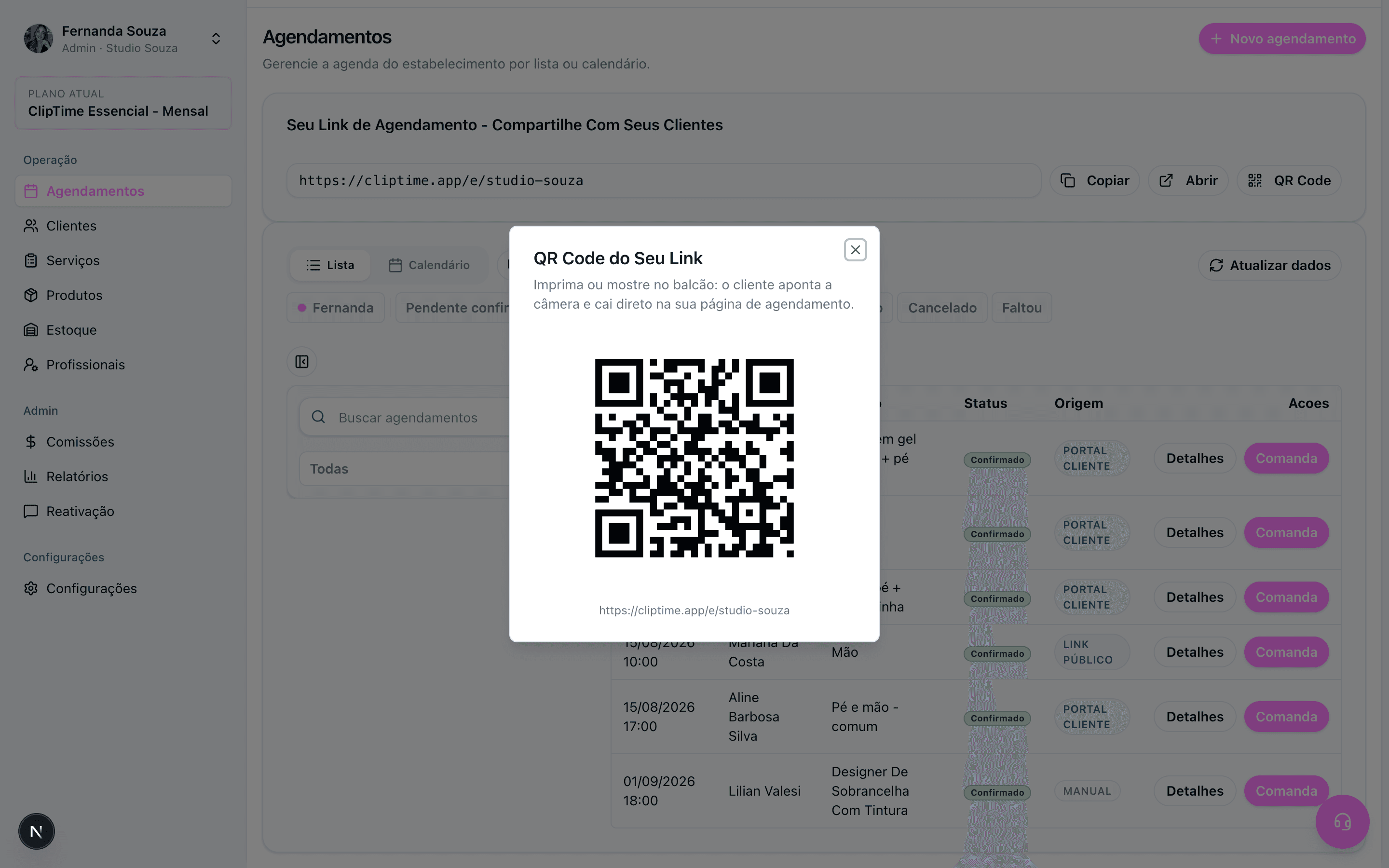 Modal do QR Code do link de agendamento