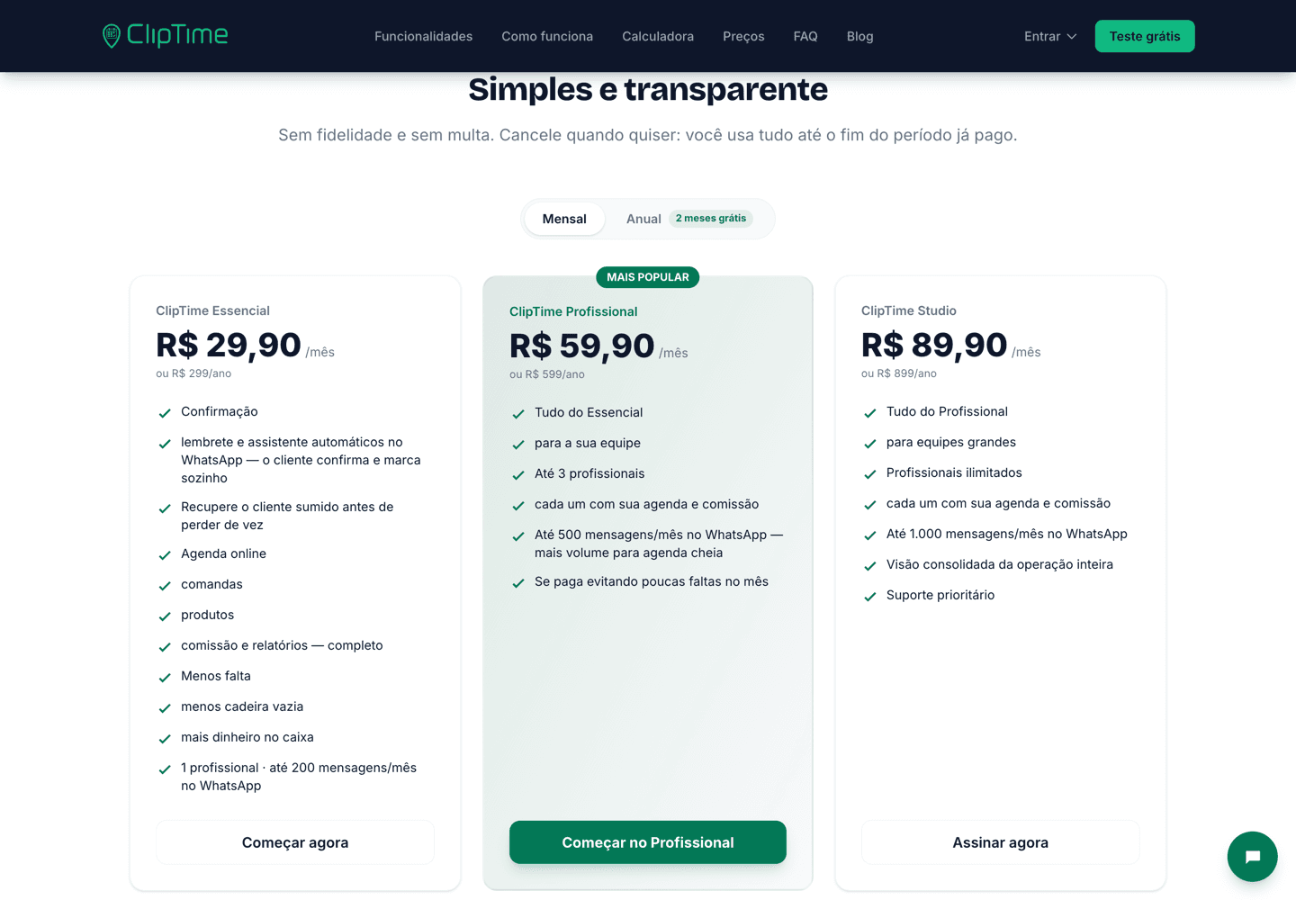 Seção de preços do site com os 3 planos