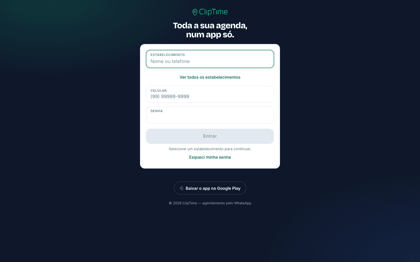 Tela de entrada do app do cliente, com o botão de baixar na Google Play