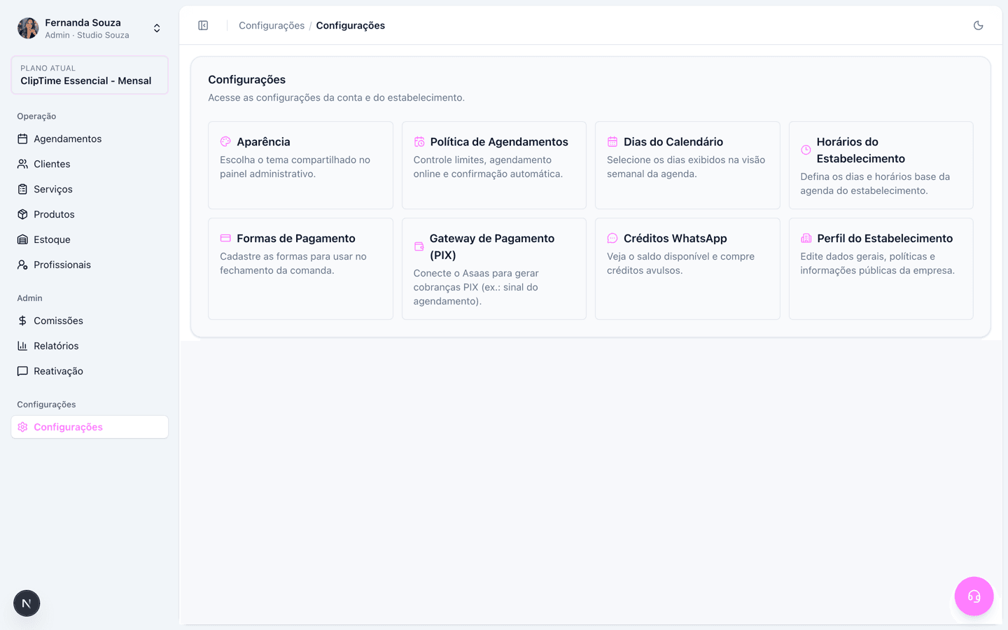 Tela de Configurações com os cards de Política de Agendamentos e Créditos WhatsApp
