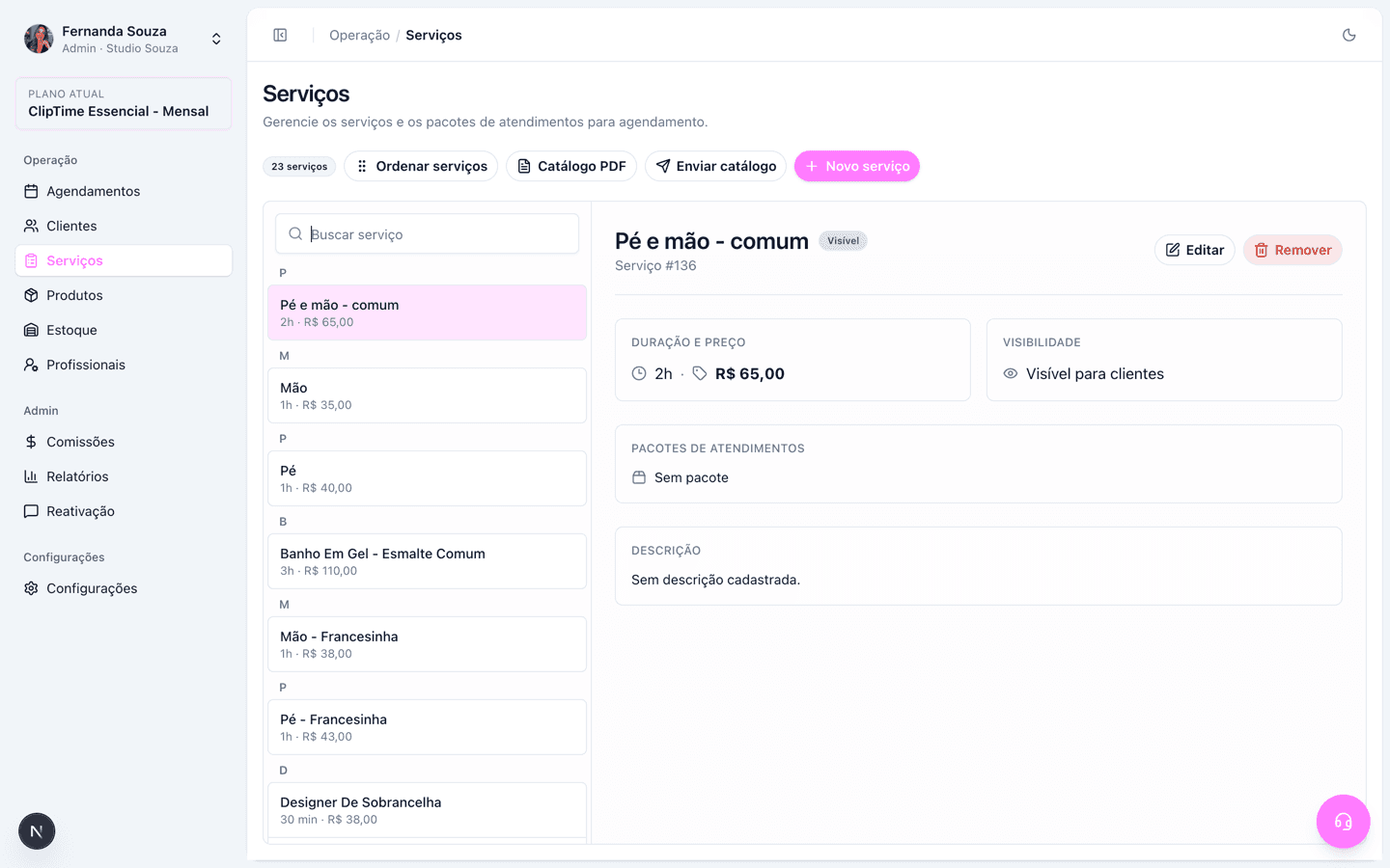Tela de Serviços com a lista e os detalhes de um serviço